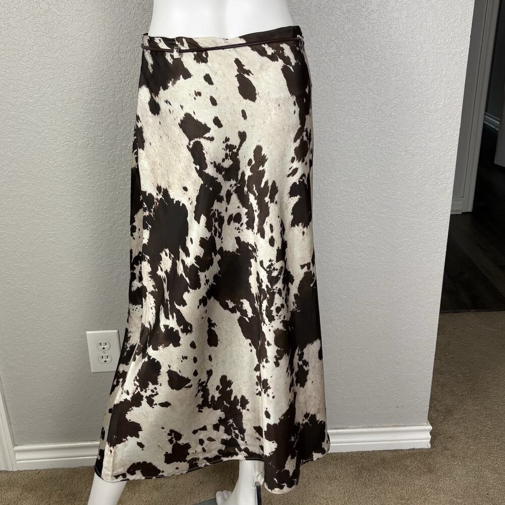 RACHEL ZOE Satin Maxi Skirt Brown Ivory Cow Print Rodeo Concert Cowgirl Size 4 - Picture 3 of 6